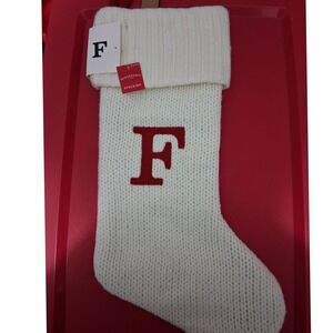 White Knit Letter F Christmas Stocking Red Monogram Holiday Decor